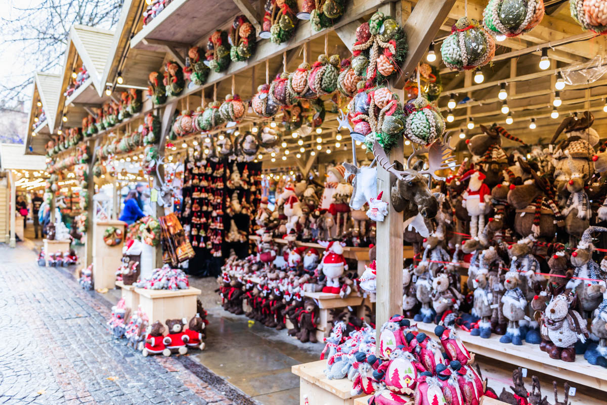 Festive holiday market scene with seasonal decorations
