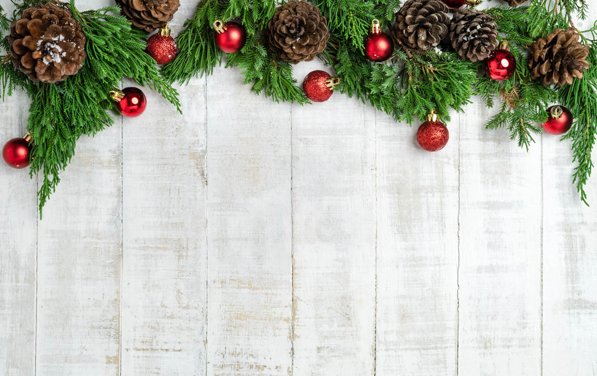 Holiday greenery border on a rustic background